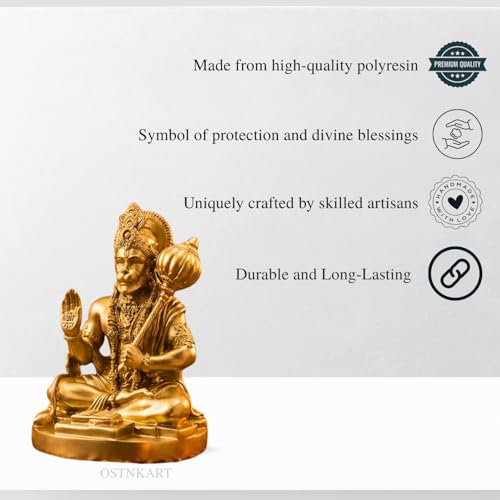 Image of Hanuman Ji Murti - 3.5 Inch Polyresin Car Dashboard Idol - Golden Statue for Home & Office Decor, Living Room Showpiece - Blessing Hanuman Idol for Birthday, Diwali, Housewarming