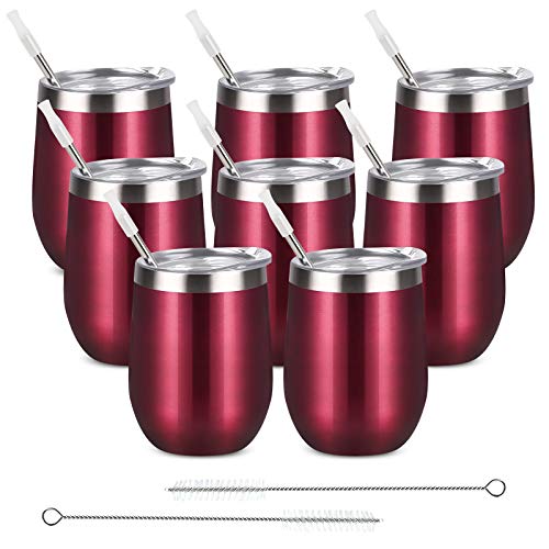 8 Pack 12 Oz Stainless Steel Stemless Wine Tumbler with Lid and Straw Double Wall Vacuum Insulated Wine Glass for Wine Coffee Cocktails Champagne Ice Cream Outdoor Picnic Set of 8 Wine Red