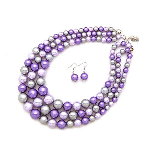 Women's Simulated Faux Three Multi-Strand Pearl Statement Necklace and Earrings Set (Lavender Mix Tone)