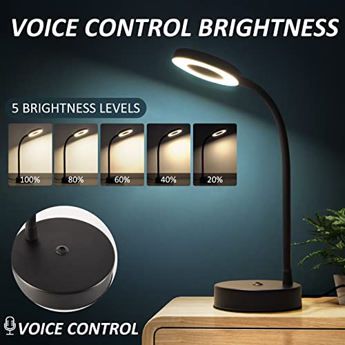 Chener Smart Voice Control Desk Lamp, Hand Free No Networking Required, Warm/Day/Cool White 3 Lighting 5 Brightness Usb+Ac Dimmable Desk Light, Eyes Care Flexible Gooseneck Table Lamp Night Light #TOP4