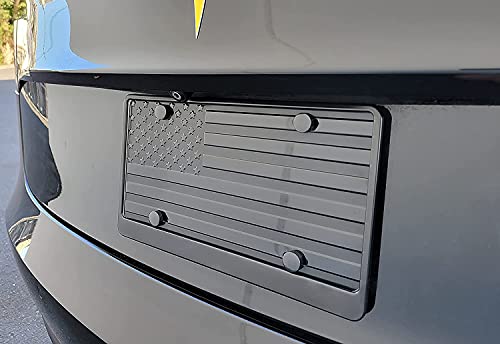 American Black Usa Flag Embossed Custom Designed Aluminum Metal 4 Hole License Plate, 3D Stars And Stripes Patriotic Vanity Gift License Plate Cover Textile Black Proud Us Flag Keychain (Black) #TOP1