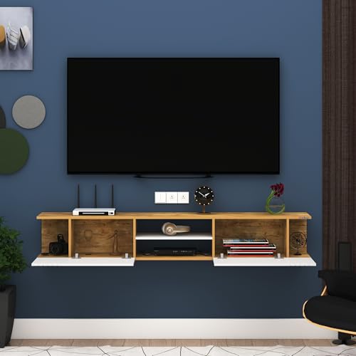 Image of Anikaa Nimbus Wall Mount TV Unit Cabinet | Modern Entertainment Center with Storage, Drawers, Shelves & Soft-Close Doors | Stylish Floating TV Stand for Up to 50 inch TVs - Giantwood /White (DIY)