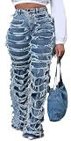 Women's Ripped Straight Leg Jeans Cut Out Destroyed High Waisted Distressed Stretchy Double Layers Y2K Goth Harajuku Emo Hip Hop Denim Pants Blue, Medium