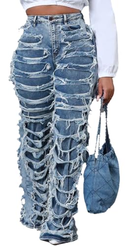 Womens Ripped Straight Leg Jeans Cut Out Destroyed High Waisted Distressed Stretchy Double Layers Y2K Goth Harajuku Emo Hip Hop Denim Pants Blue Medium