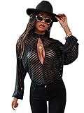 SheIn Women's Sheer Mesh Cut Out Tops Blouse Bishop Long Sleeve Mock Neck Shirt Black Medium