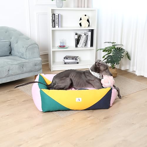 Image of Cotton Canvas Dog Bed, Dog Beds Large Sized Dog, Orthopedic Bed with Washable Removable Cover Durable 290 GSM Cotton Anti-chewing Pet Bed with Anti-Slip Bottom (38 inchx30 inchx12 inch, Pink&Yellow&Green)