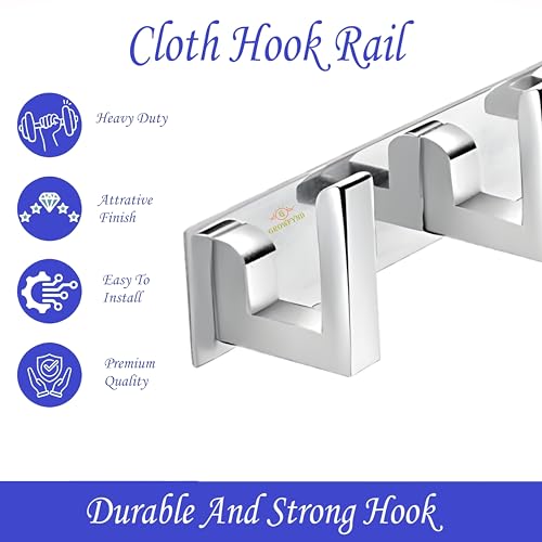 Image of Heavy Duty L Type Stainless Steel Cloth Hanger Suitable for Bathroom Bedroom Kitchen Wall Hook Rail Hanging Scarf Coat Keys Tie, Towel, Robe Hanger (Pack of 2, 4 Pin CP)
