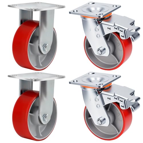 5 Inch Heavy Duty Caster Wheels Set of 4 Industrial Casters with Brake,Load 4000Lbs,Polyurethane Silent Steel Wheels,for Heavy Duty Die,Industrial Equipment Movement,U-Boat Cart(2Brake&2Rigid)