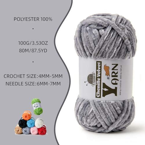 Image of 3 Pack Plush Chenille Chunky Yarn - Fluffy Velvet Yarn Crochet for Blanket Knitting and Crocheting - Soft Baby Yarns for Crocheting - Amigurumi Crochet Yarns 100g (87yds) (3 Light Gray)