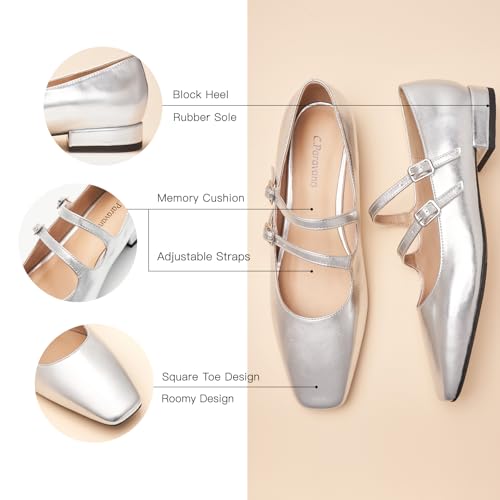C.Paravano Designer-Inspired Mary Janes | Block Heel Flats w/Memory Foam for Office Attire & Vineyard Visits | Square Toe Comfort | Pair w/Tailored Shorts or Summer Sheaths(Silver,6)4