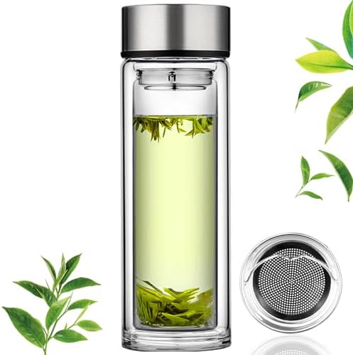 PARACITY Glass Tea Infuser Bottle Tea Flood Cup 12oz/350ml, Double Wall Borosilicate Portable Travel Tumbler Mug Leakproof for Loose Leaf Flower Herbal Tea Bags