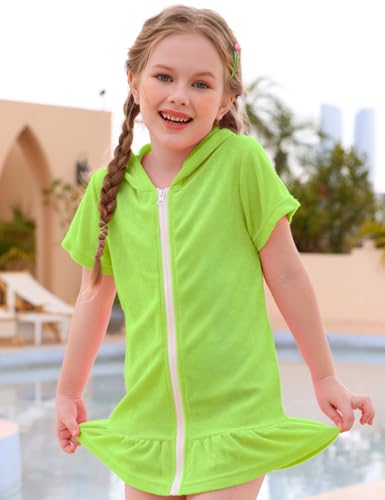 Image of Girls Swim Cover Up Multicolor Hooded Zip-Up Terry Swimsuit Ruffle Bathing Suit Kids Short Sleeve Swimwear