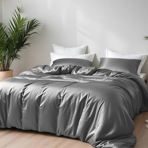 LINENWALAS 100% Natural Bamboo 3-Piece Duvet Cover Set with Zipper and Corner Ties- Softest Cool Bedding Perfect for Skincare (King, Light Grey)