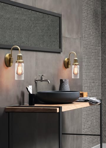 Image of PERMO Industrial Vintage Sconce Wall Mount Single Sconce with 3.1 inch Cylindrical Clear Glass Shade Wall Light Lamp Fixture (Brushed)