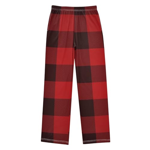 Red and Black Plaid Boys Long Pants Soft Trousers Elastic Waist Kids Lounge Bottoms with Pockets S-XL