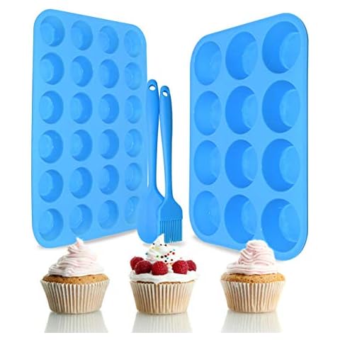 Silicone Muffin Pan Cupcake Set – Non-Stick 12 Cups and Mini 24 Cups,Silicone Baking Molds,BPA Free Muffin Tin with 1 Silicone Spatula & 1 Oil Brush (blue) Cover