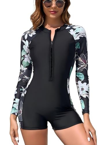 Womens Rash Guard Long Sleeve One Piece Swimsuits Zipper Front with Boy Shorts Swim Shirt Uv Protection UPF 50