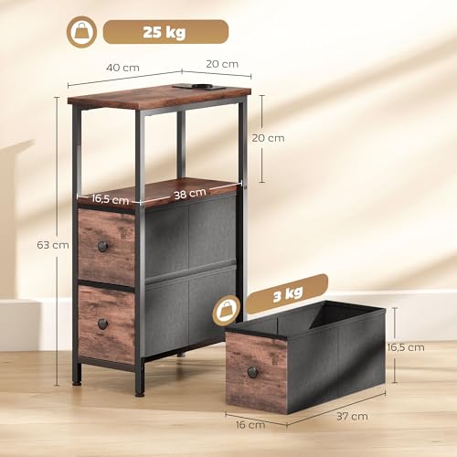 HOMCOM Couchtisch Beistelltisch mit Ladestation, Stahlrahmen, Schmal Wohnzimmertisch mit 2 Stoffschublade, offen Fach, Steckdose, USB- und USB-C-Anschlüssen, Kaffeetisch für Wohnzimmer, Rustikal-Braun – Bild 8