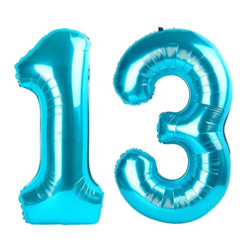 Image of Number Balloons Light Blue 13 Balloon 40 inch for 13 31 Birthday Decoration | Saturated Color, Large 40 in, With Inflation Straw & Hanging Hole, Great for Men's Party, Back-To-School Season, Pool Party