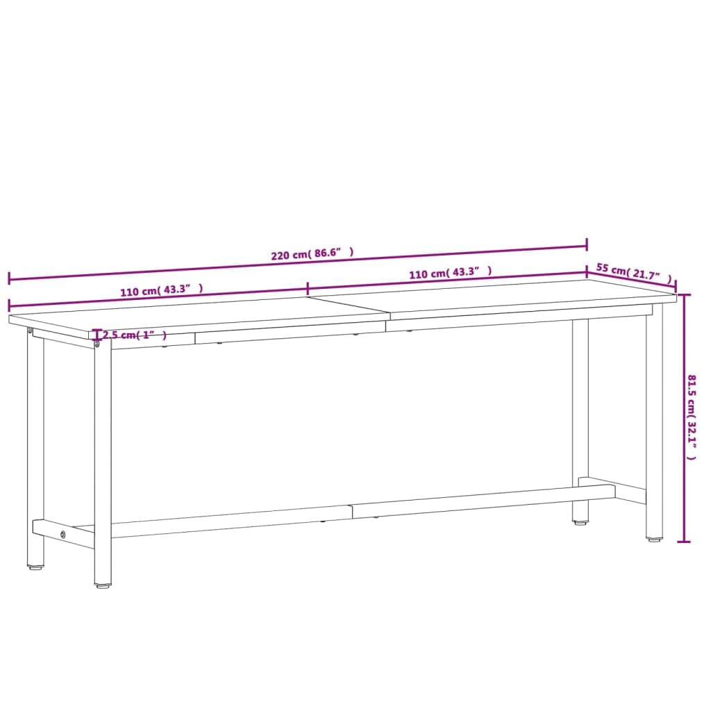 Banco de trabajo de madera maciza de haya con estructura de metal, 220 x 55 x 81,5 cm, robusta mesa de trabajo para taller, garaje, sala de hobby, con gran placa de madera y espacio de