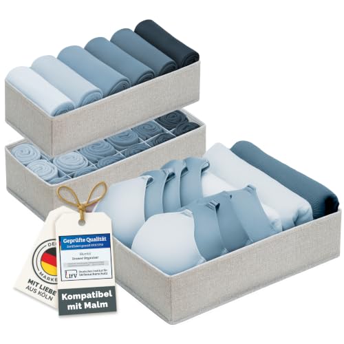 Blumtal Organizer Schrank 3er Set passend für MALM - 3 versch. Kleiderschrank Organizer für MALM Kommoden - Ordnungssystem Kleiderschrank - Faltboxen für BHs T-Shirts - Socken Aufbewahrung Grau