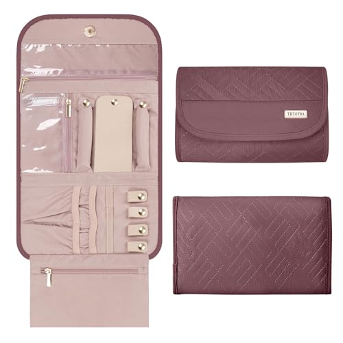 TBTOTRA Travel Jewelry Organizer Box, Foldable Travel Case for Earrings, Necklaces, Rings, Bracelets, Red Sandalwood