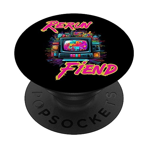 Rerun Fiend Retro TV Television Colorful Pop Art 80s 90s Y2K PopSockets Swappable PopGrip, Black