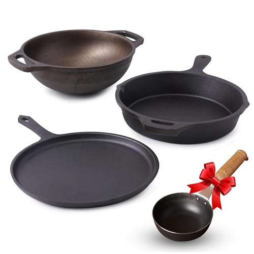 The Indus Valley Pre-Seasoned Cast Iron Cookware Set | Tawa(25.2cm), Fry Pan (25cm), Wok Model Kadai (20.8cm) & Tadka Pan (16.4cm) | Kitchen Cooking Combo Pots and Pans Set of 4Pcs Black