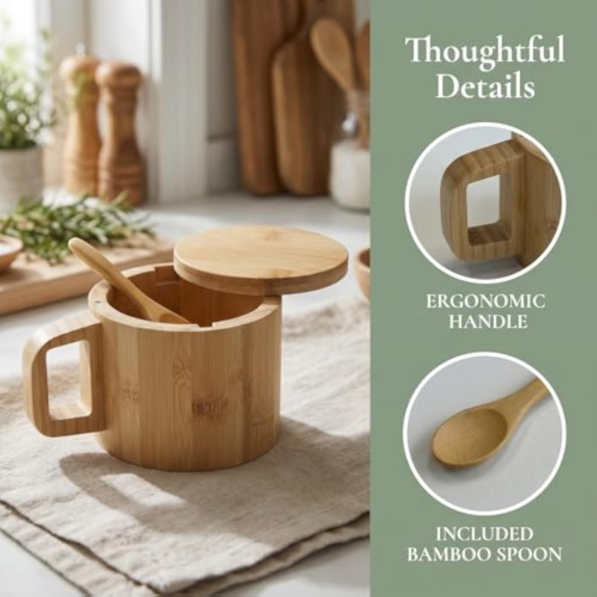 Bamboo Salt Cellar with Handle, Magnetic Swivel Lid & Spoon
