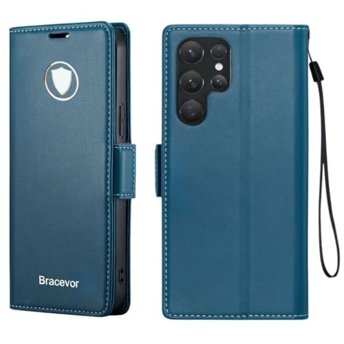 Image of Bracevor Deluxe Leather Flip Cover case for Samsung Galaxy S25 Ultra : Blue | Full Camera Cover | RFID Blocking Wallet Pockets | 360 Degree Protection