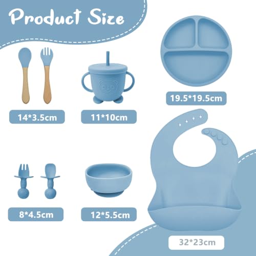 Miniatura 2 de Vajilla De Bebé Silicona, 10 Piezas Juegos De Vajilla Infantil, Cubiertos Con Plato Ventosa, Plato Bebe Ventosa,Tenedor Con Mango De Madera, Bebe De Silicona, Babero Set Vajilla Silicona Bebe
