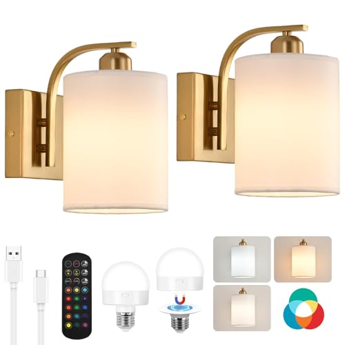 Image of Battery Operated Wall Sconce Set of 2, Gold Rechargeable Fabric Wall Lights with Remote Control,15 Colors Wireless Wall Sconce with 3000mAh Dimmable Detachable Bulb for Bedroom, Living Room, Hallway