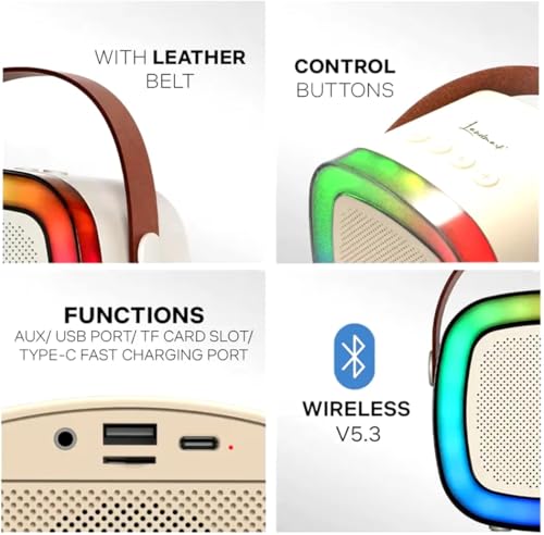 Image of Cream Portable Bluetooth Speaker with Wireless Mic, RGB LED Party Light, Heavy Bass Karaoke Speaker, Rechargeable Battery, Portable Handle, Wireless Mic for Kids & Adults, Home & Outdoor Party