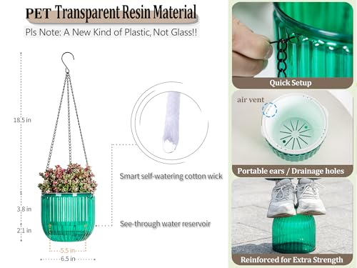 Melphoe 2 Pack Self Watering Hanging Planters Indoor Flower Pots, 6.5 Inch Outdoor Hanging Basket, Plant Hanger with 3Hooks Drainage Holes for Garden Home (Emerald) - Image 4