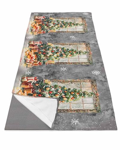 Yoga Mat Towel, Christmas Tree Bell Gift Snowflakes Non Slip Hot Yoga Mat Towels with Corner Pockets, Gradient Gray Soft Sweat Absorbent Yoga Blankets for Hot Yoga Pilates Workout