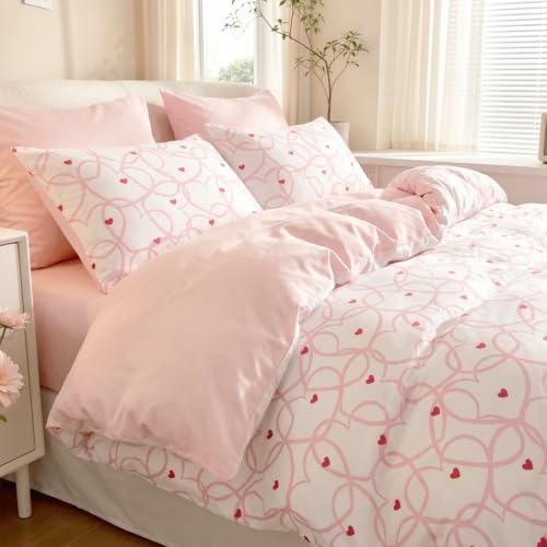 Freyamy Herz Bettwäsche 135x200 Herzen Weiß Rosa Mädchen Bettwäsche Set – Ansicht 4