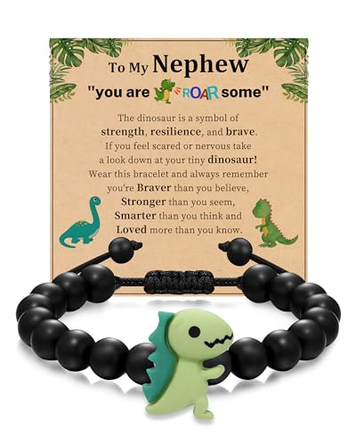 Dinosaur Bracelets for Teen Boys Gifts for Son/Nephew/Grandson Black Beaded Bracelets with Dinusaur Back to School/First Day Of schoo/Birthday Gifts for Him/Bonus Son/Brother Kindergarten