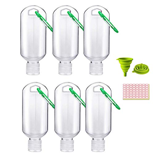 1.7oz/50ml Hand Sanitizer Containers Refillable Travel Bottles with 64PCS Label Paper, Eabr Clear Plastic Empty Bottles Liquid Containers with Carabiner for Travel, Outdoor, Trip, Camping (6 PCS)