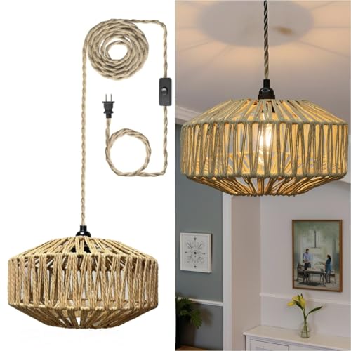 MUYIWEIDEN Plug in Hanging Lamp,Rattan Hanging Pendant Light with Plug in Cord, Boho Pendant Ceilling Light Fixture with Woven Lamp Shade for Living Room Bedroom Kitchen