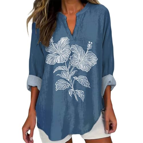 riou Camisetas Mujer Manga Larga Originales, Lino Blusa Cuello en V Camisa Moda Casual Elegante T-Shirt Tops Primavera otoño Oficina Negocios Fiesta Túnica tee