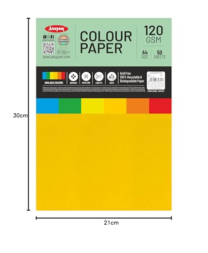 Image of Anupam 25 Sheets Colored Craft Paper A4 Size 120 GSM 5 Assorted Color Construction Paper Multi Color Card Stock Paper for Crafts, Card Making, Scrapbooking, DIY, School Supplies, Printing, Stationery