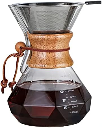 HYAXGM Pour Over Coffee Maker with Wood Sleeve，27oz/800ml,Glass Coffee Pot with Stainless Steel (27oz/800ml)