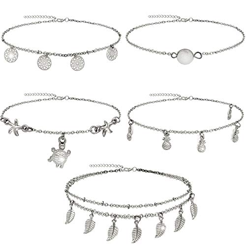 Suyi 5 Piezas Cadenas De Tobillera De Encanto Ajustable para Las Mujeres Conjunto De Joyas De Cadenas De Pie De Playa Delgadas Atractivas Silver