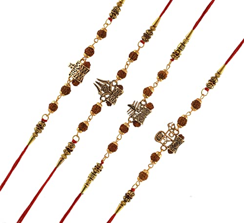 Image of Pride Store Traditional 10 Rakhiya Set, Decorative Thread Bracelets with Om and Ganesh Designs, Pearl and Crystal Beads, Red and Gold | Rakhiya For Family