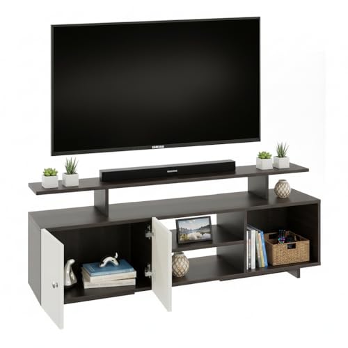 Image of FURNEASER Eskido Engineered Wood TV Entertainment Unit, Floor Standing TV Cabinet with Storage Shelves for Living Room, TV Stand for 32,43,50 & 55 Inch TV (Exotic Teak & White) (Wenge & White)