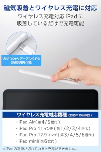 エレコム タッチペン ワイヤレス充電 磁気吸着式【iPad A16、iPad7/8/9/10、Pro 11/12.9/13インチ、Air3/4/5/11・13インチ、mini5/6に対応】ペンシル パームリジェクション 傾き検知 USB-C急速充電 約30分 P-TPACSTAP11WWH