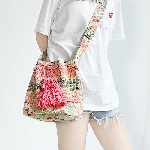 Bohemian Floral Canvas Crossbody Bag - Large Capacity Travel Shoulder Bag With Tassels and Drawstring for Daily Use and Vacation Matching2