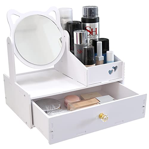 LEcylankEr Organizador de Maquillaje, Organizador de Baño de Mesa Blanco, Caja Organizadora de Maquillaje con Espejo, Caja Maquillaje Organizador con Cajones para Dormitorio/Baño (Espejo redondo)