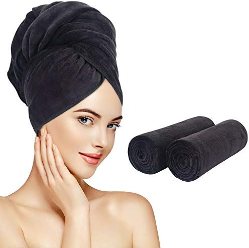 SUNLAND Microfiber Hair Drying Towel 2 Pack Super Absorbent Quick Dry Magic Hair Turban for Drying Long Hair Soft and Large 20 inch X 40 inch Black