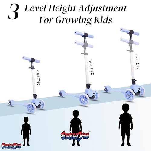 Image of STREETJAM Komiks Kids Kick Scooter for 3-12 Years, Tilt & Turn Safety Lock (1st Time in India), BIS Approved, Lean-to-Steer, Wide Deck, Adjustable Height, Up to 35 kg Load (Neon Blue with Grey)
